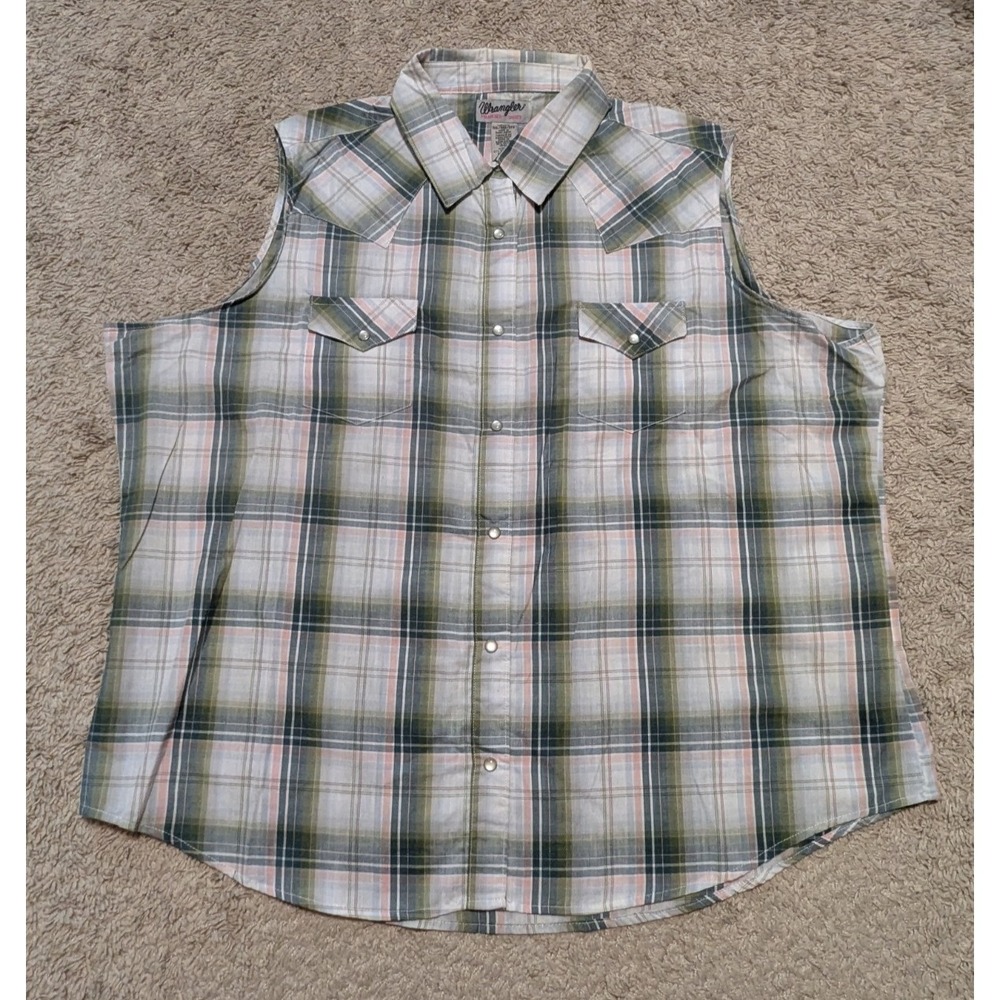 Wrangler Wrancher Sleeveless Shirt Sz 3X Pearl Snap Western Plaid Rodeo Cowgirl